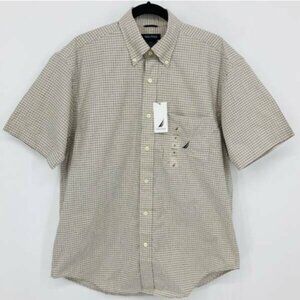 Nautica Men Button Down Shirt Medium M Beige Blue Check Short Sleeve New B51